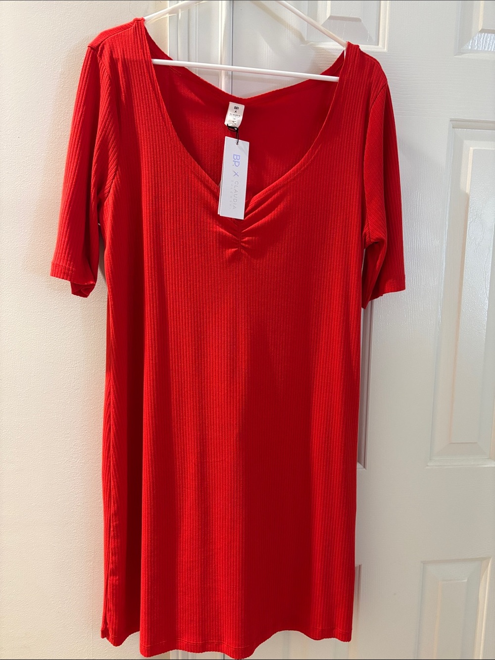 bp Red Ribbed V‑Neck Tunic Dress